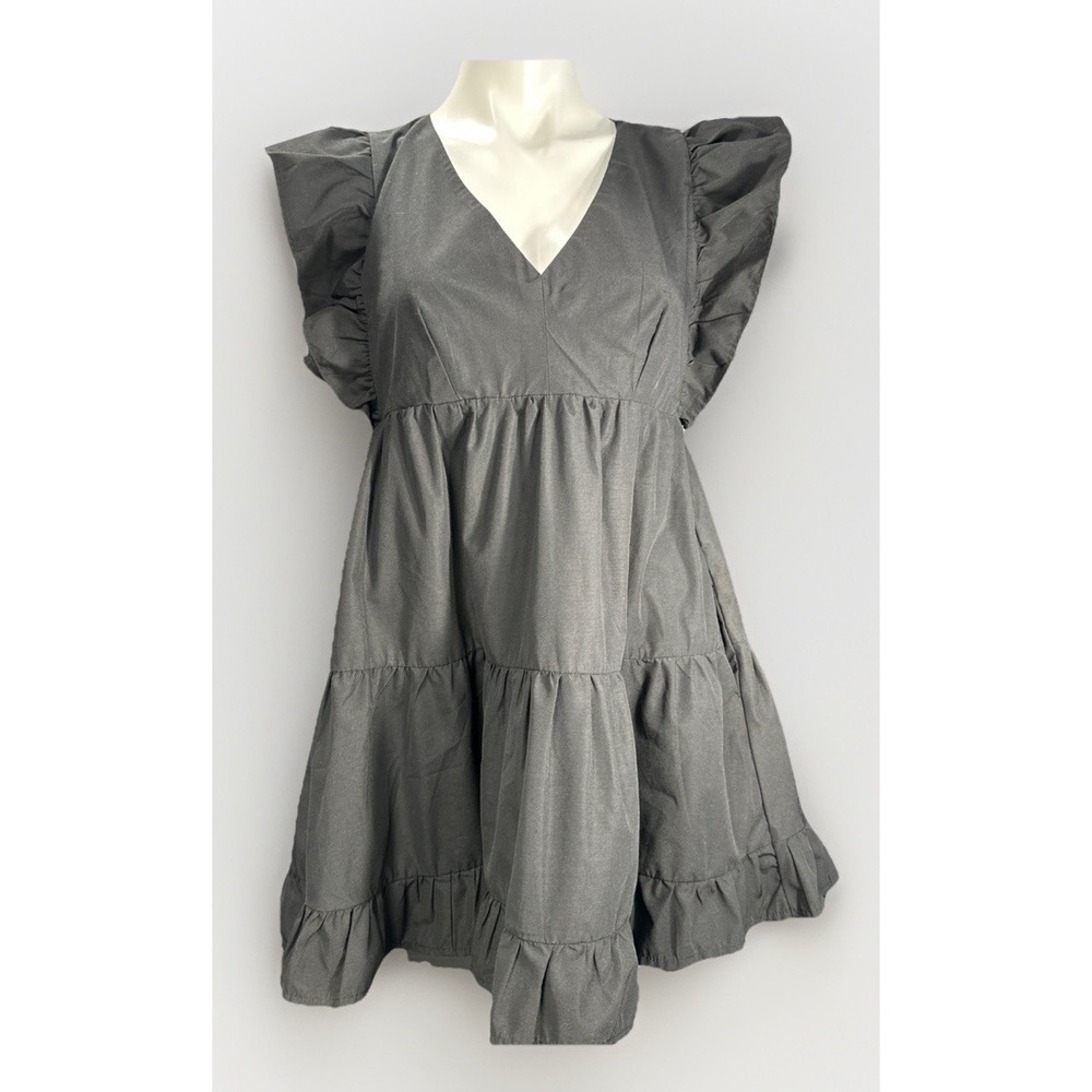 Abercrombie & Fitch Small Black Ruffle Sleeve Tiered‎ Mini Dress V-Neck Babydoll